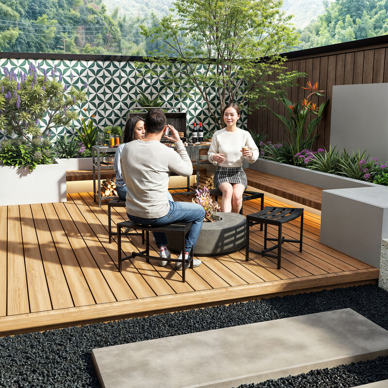 FUFU&GAGA Set of 4 Outdoor Fire Pit Benches, Black Iron Frame Stationary Patio Chairs with Slatted Seats, Weather-Resistant, (15.7 in. H x 23.9 in. W x 13.5 in. D), Black