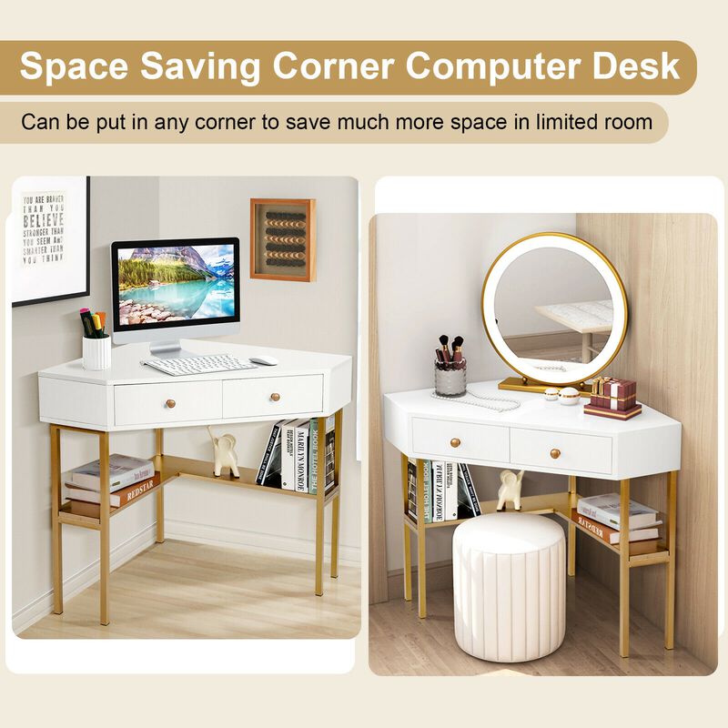 Space Saving Corner Computer Desk with 2 Large Drawers and Storage Shelf