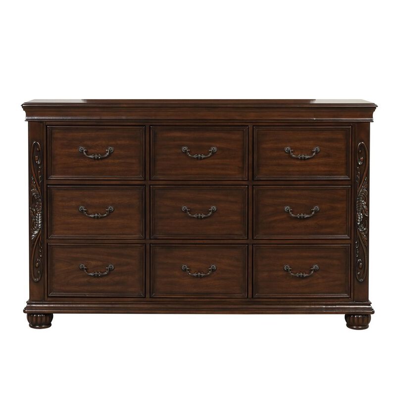 Benjara Brown Akil 64 Inch Wide Dresser with 9 Drawers, Floral Carved Cherry Wood