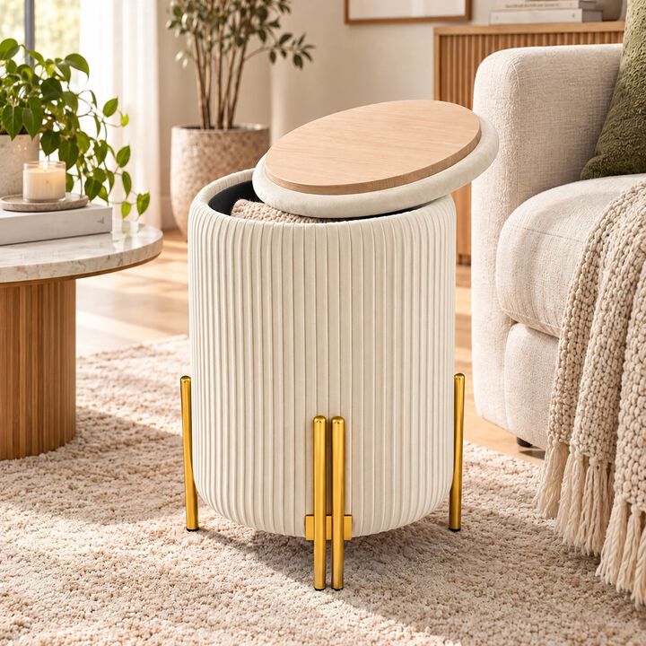 Off-White Round Velvet Storage Ottoman with Reversible Tray Lid, Gold Metal Legs