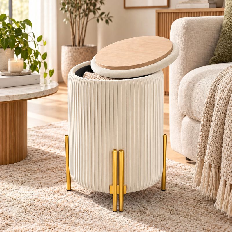 Off-White Round Velvet Storage Ottoman with Reversible Tray Lid, Gold Metal Legs image number 1