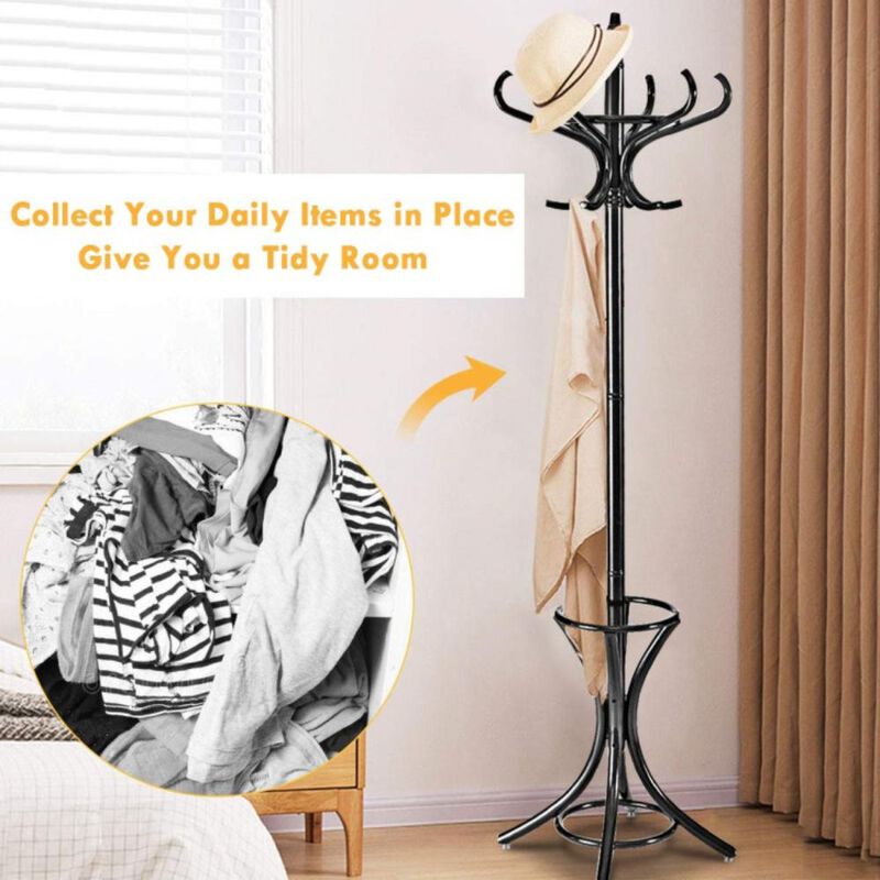 Hivvago Wooden Standing Coat Rack Tree with 12 Hooks and Umbrella Stand