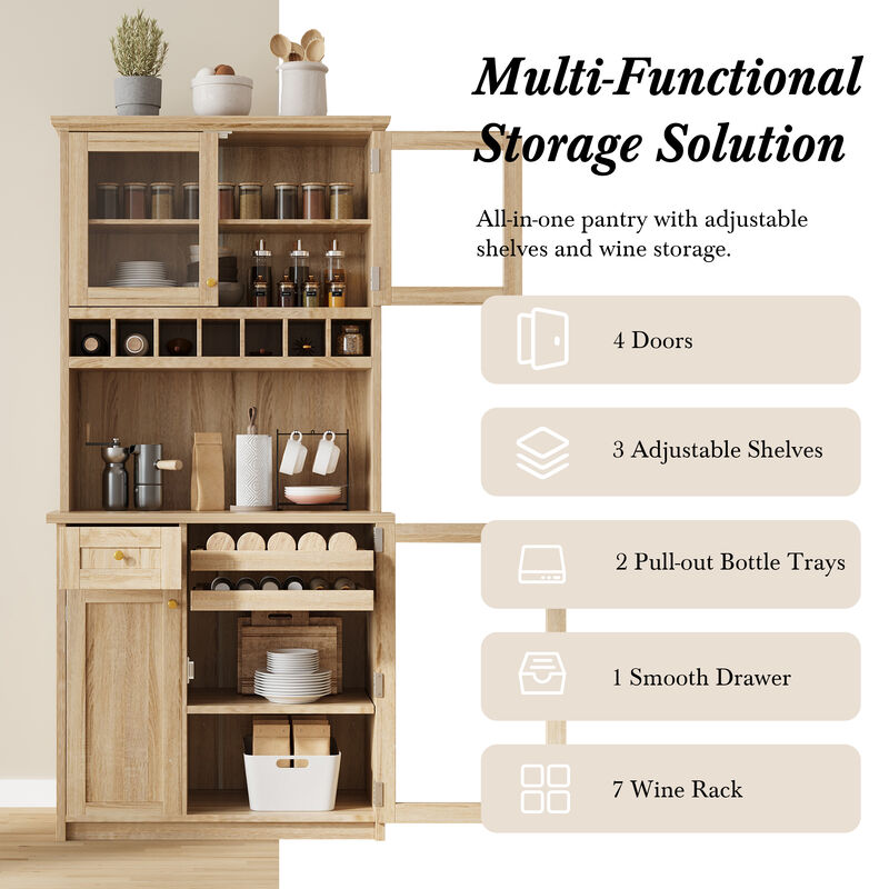Merax  Freestanding Buffet with Hutch Tall Kitchen Pantry Storage Cabinet with Wine Rack and Adjustable Shelves for Dining Room image number 4