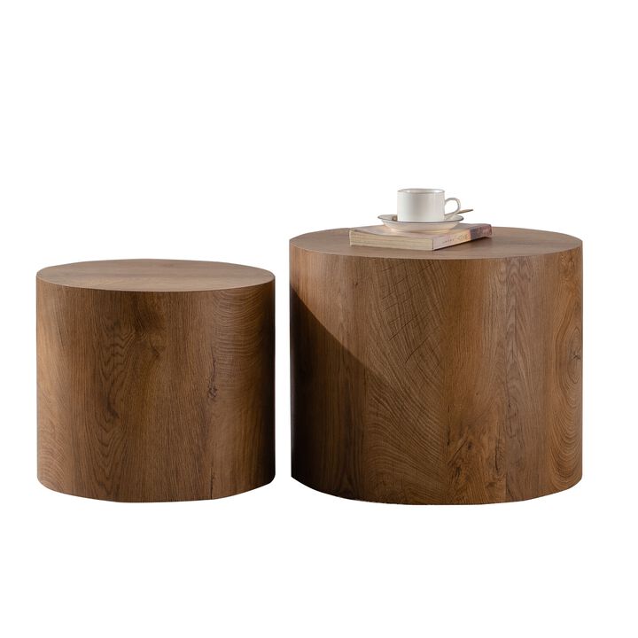 Modern Round Drum Nesting Coffee Table Set of 2, Wooden Cylinder Coffee Tables for Living Room, Space-Saving Design