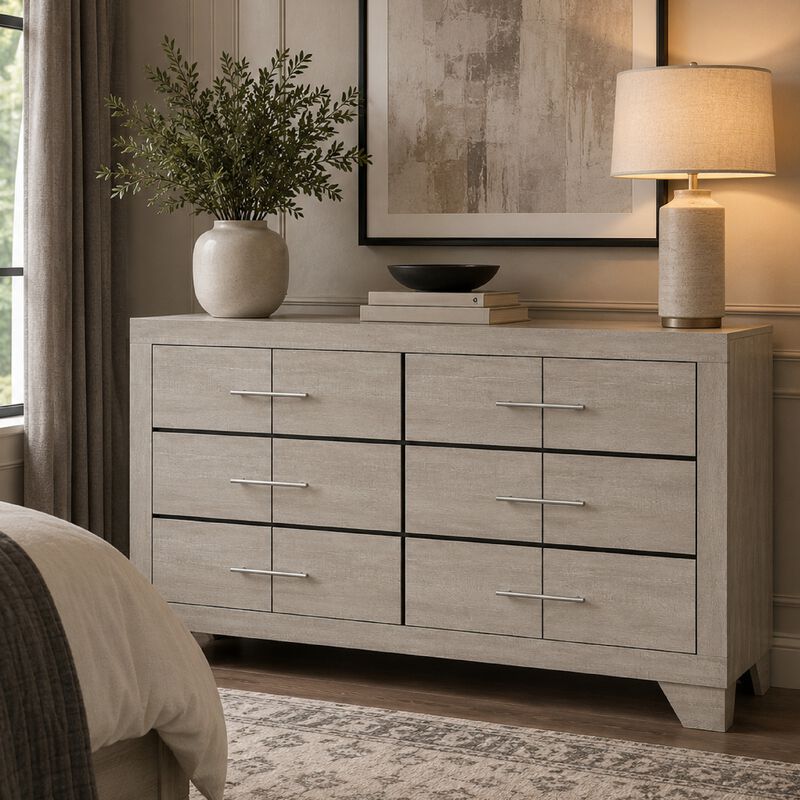 Qanto Wide Dresser with 6 Drawers, Rustic Cream Wood image number 8