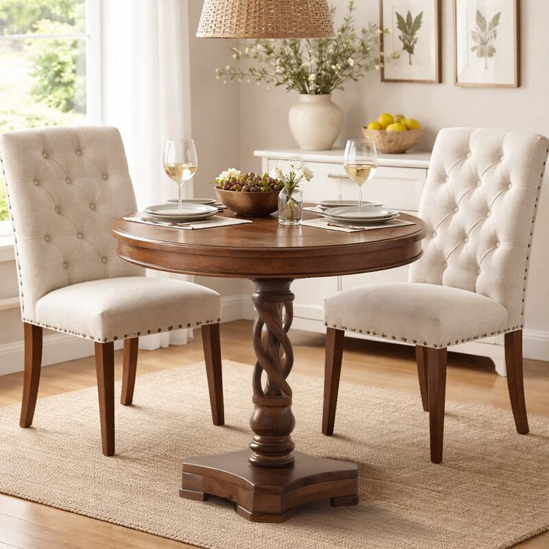 30 Inch Handcrafted Round Mango Wood Dinette, Artisanal Twisted Pedestal Base, Walnut Brown image number 4
