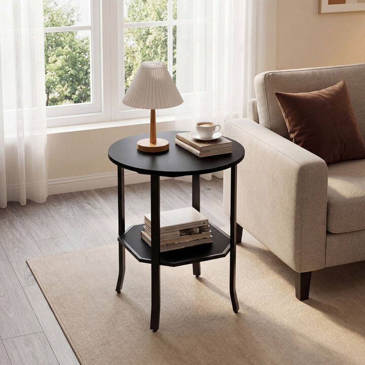 Small Round End Table with 2 Tier Storage Shelf for Bedroom and Living Room