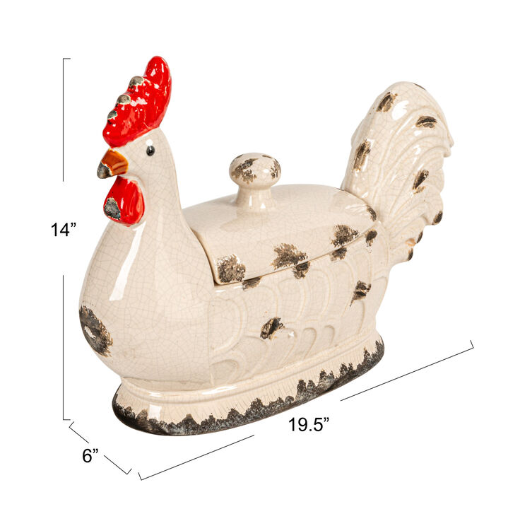 Decorative Stoneware Rooster Container with Lid and Distressed Finish, Multicolor