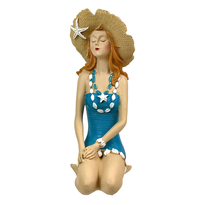 Sitting Beach Girl Figurine Blue Swimsuit Straw Hat Sunbathing 7.75 inch image number 2