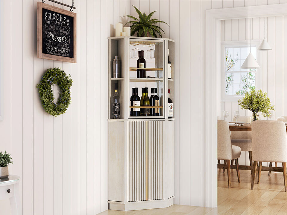 BELLEZE 68" Tall Farmhouse Corner Bar Storage Cabinet with Rotating Wine Rack, Modern Home Bar Liquor Storage Cabinet for Dining Room, Living Room & Kitchen, White Sand