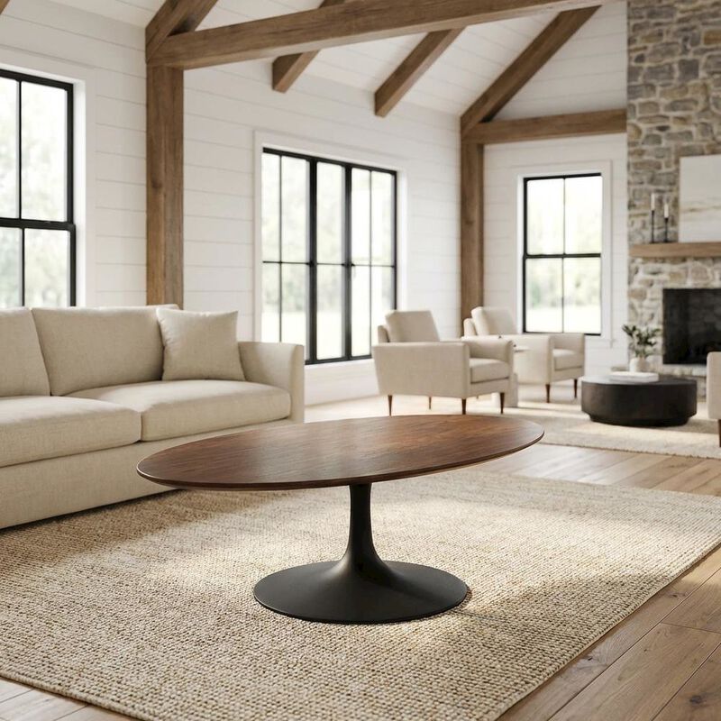 Oval wood coffee table with set of two, sleek design, modern style image number 3