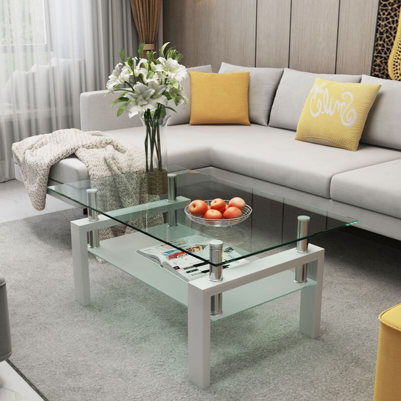 Hivvago Rectangular Double Layer Tempered Glass Coffee Table with Metal Legs
