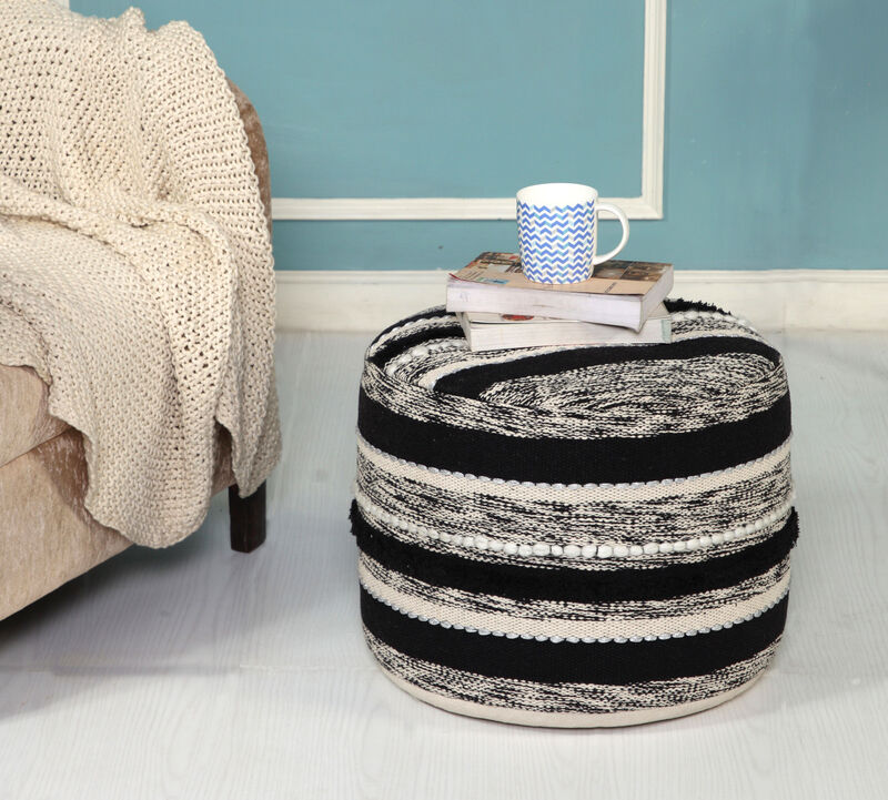 Hivvago 18 Inch White Cotton Cylinder Striped Pouf Ottoman