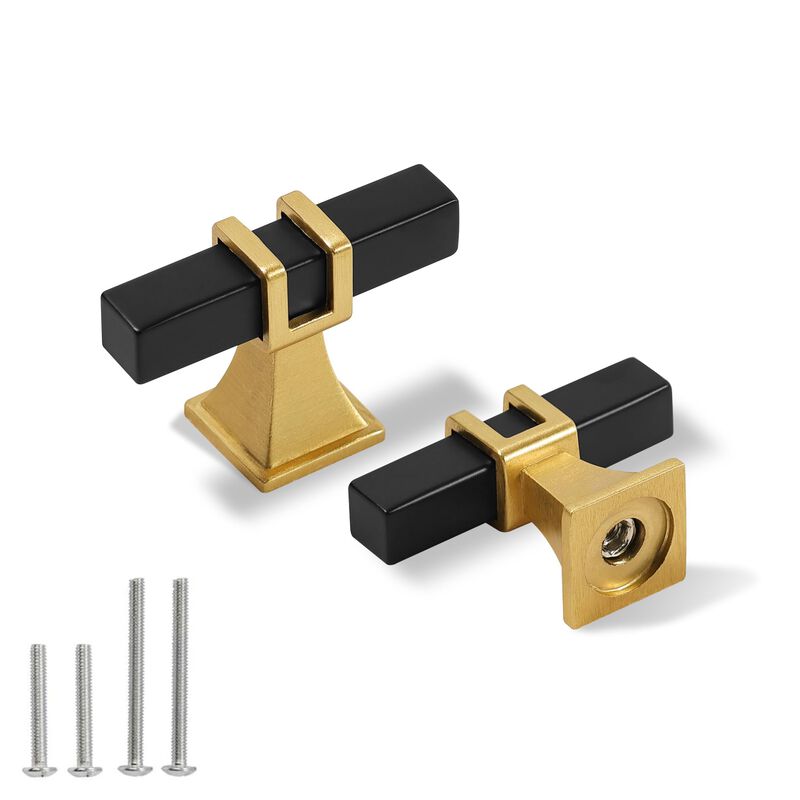 Redunest Matte Black and Gold Cabinet Handles, 10 Pack Square T Bar Cabinet Knobs, Stainless Steel Single Hole Drawer Hardware