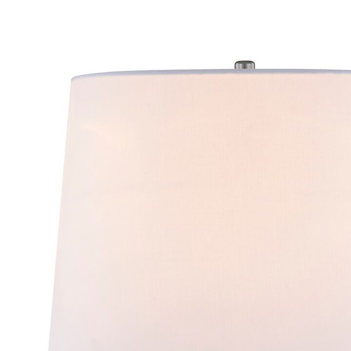 27 Inch Table Lamp, Tapered Drum Fabric Shade, Modern Metal Base, Silver - Benzara