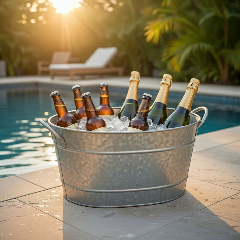 Lola 23 Inch Beverage Tub, Galvanized Antique Silver Steel, 2 Handles image number 1