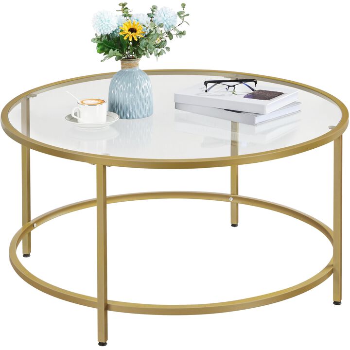 Yaheetech Gold Glass Coffee Table for Living Room, 36"" Round Glass Coffee Table with Metal Frame, Circle Coffee Table for Home,