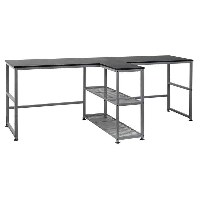 Black Shared Workspace: 83" Two Person Desk with Storage Shelf