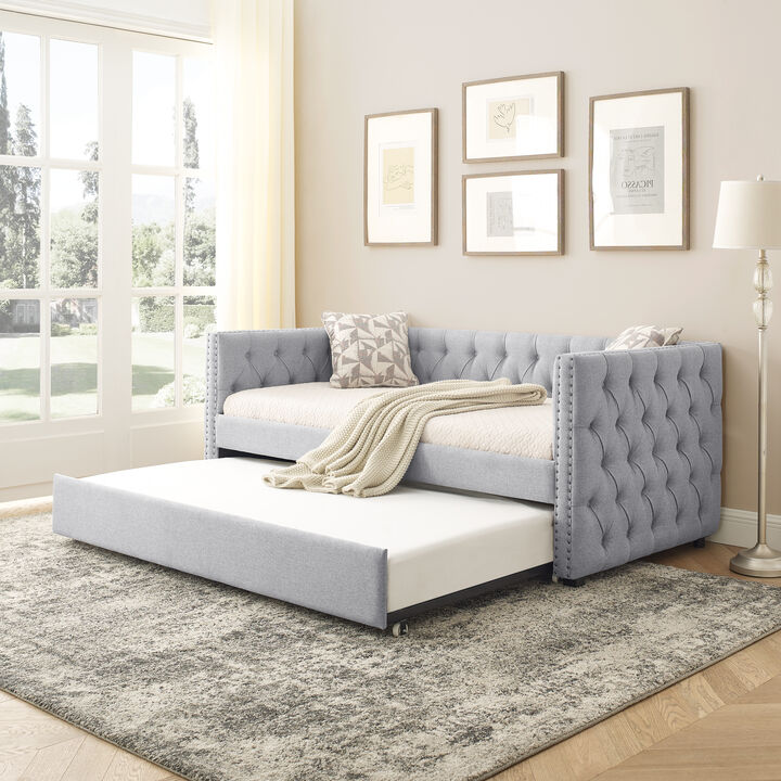 Hivvago Twin Upholstered Daybed with Trundle Tufted Button Sofa Bed in