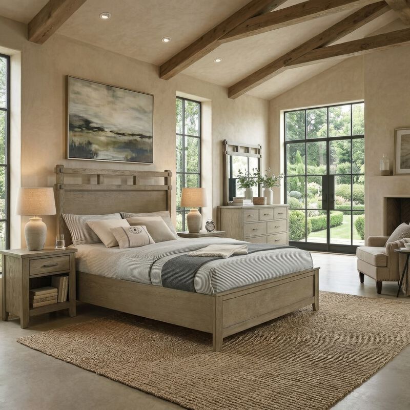 Hazel Queen Panel Bed, Open-Slat Headboard, Vineyard Oak Rubberwood image number 8