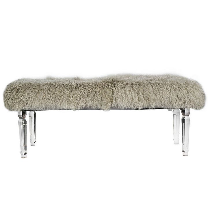 49 Inch Accent Bench, Faux Fur Seat, Clear Acrylic Legs, Smooth Rich Brown - Benzara