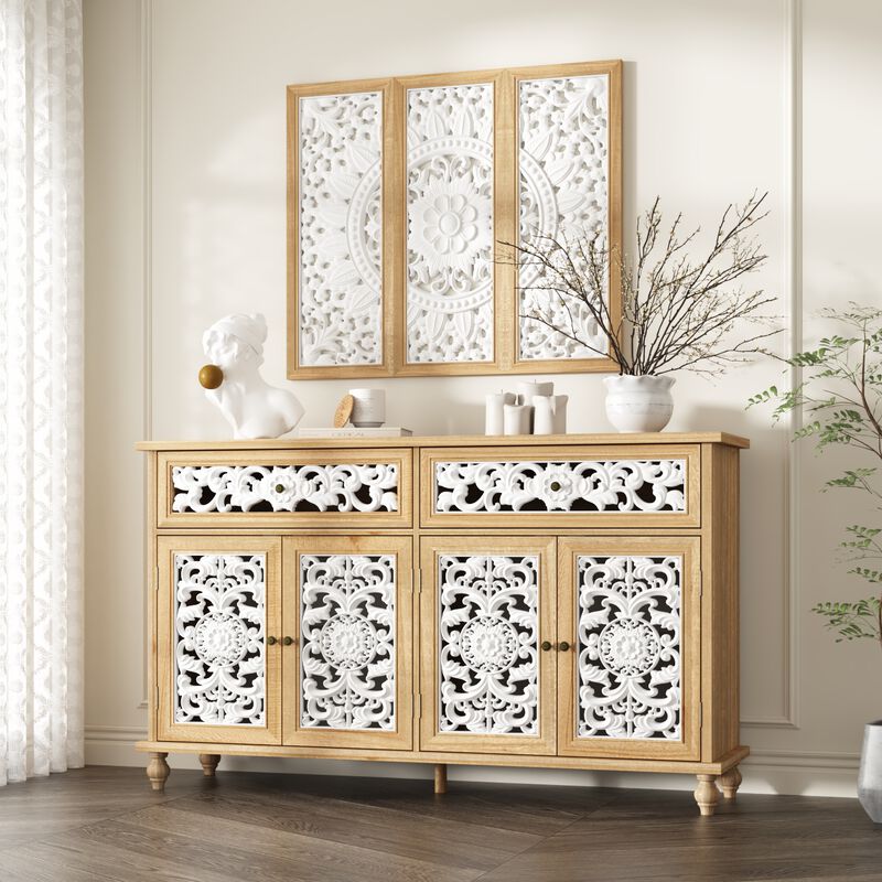 FUFU&GAGA Vintage Style Storage Cabinet with White Hollowed-Out Carved Drawers and Doors, Matching Wall Panel Frame, Painted and Clear Finish with Antique Hardware, (59.1 in. W x 15.7 in. D x 35.4 in. H), Wood and White