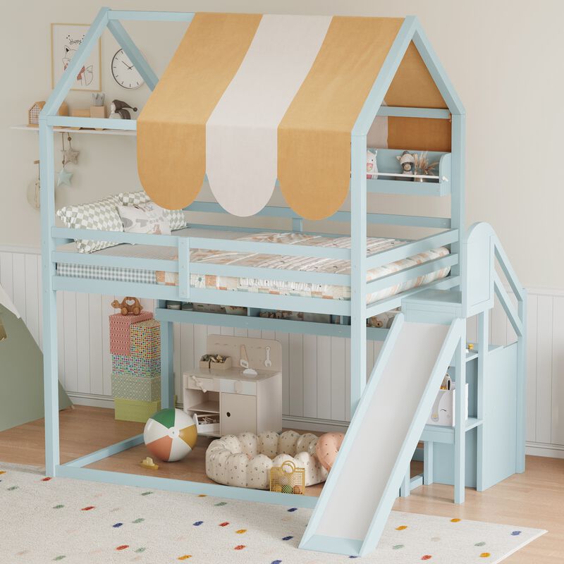 Merax Full Size White Loft Bed with Playhouse Canopy, Slide & Built-In Bookshelves image number 3