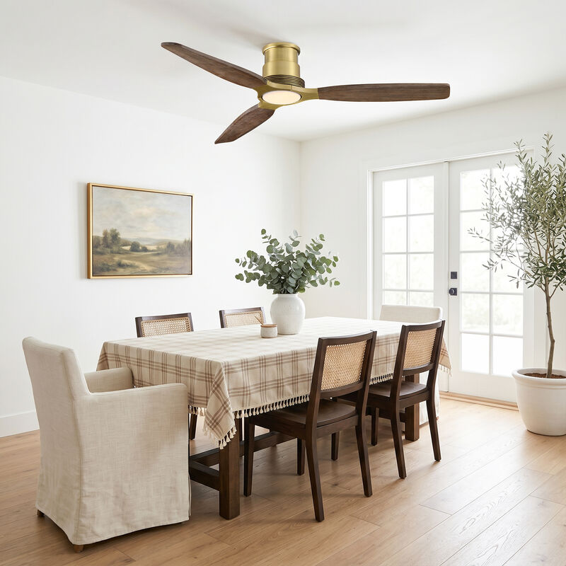 56" Mid Century Soft Brass Low Profile Solid Wood Reversible DC Motor Dimmable LED 6 Speed Flush Mount Ceiling Fan with Light and Remote image number 3
