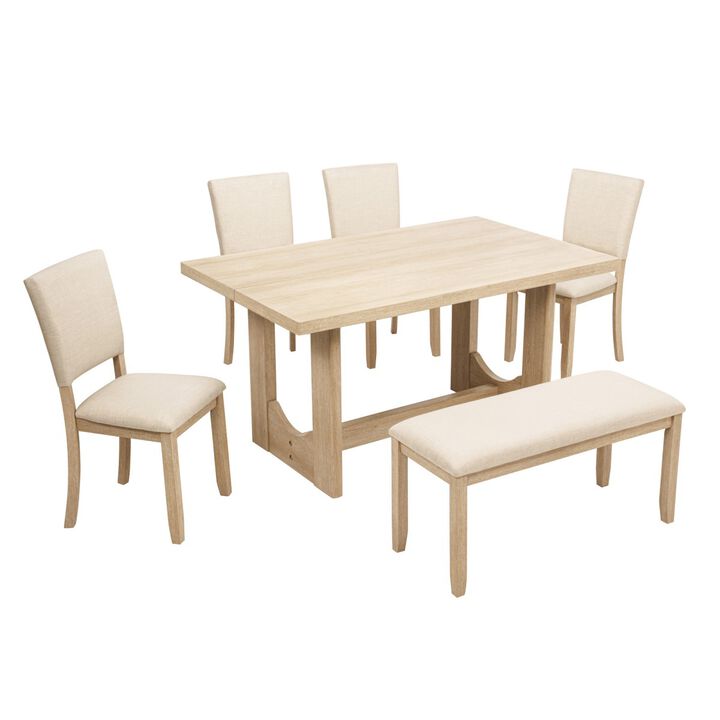 6 Piece Dining Table Set with Bench, rectangular dining table set with bench and 4 chairs, modern wooden dining table set for kitchen