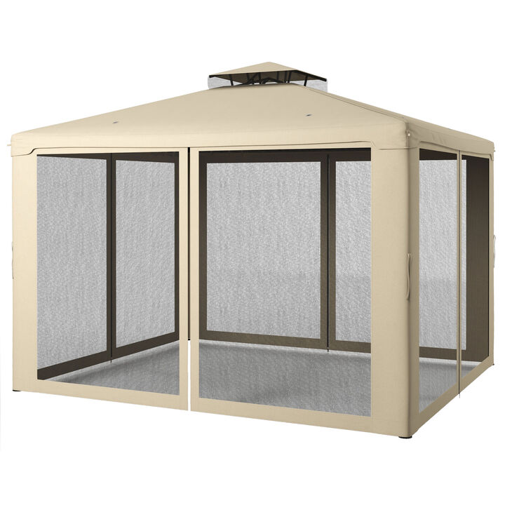Outsunny 10' x 12' Patio Gazebo Outdoor Canopy Shelter with 2-Tier Roof and Netting, Steel Frame for Garden, Lawn, Backyard and Deck, Taupe