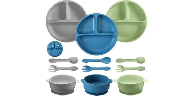 9-Piece Silicone Baby Feeding Set – Suction Plates, Bowls with Spoon, Fork, Microwave, Dishwasher Safe, Matte Colors