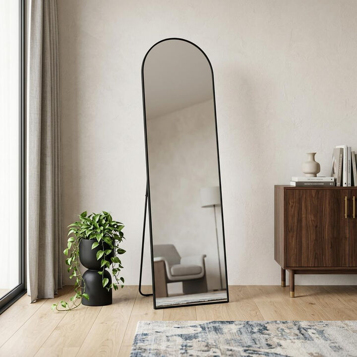 HomeRoots 70" Black Aluminum Arch Freestanding And Wall Mounted Framed Full Length Mirror