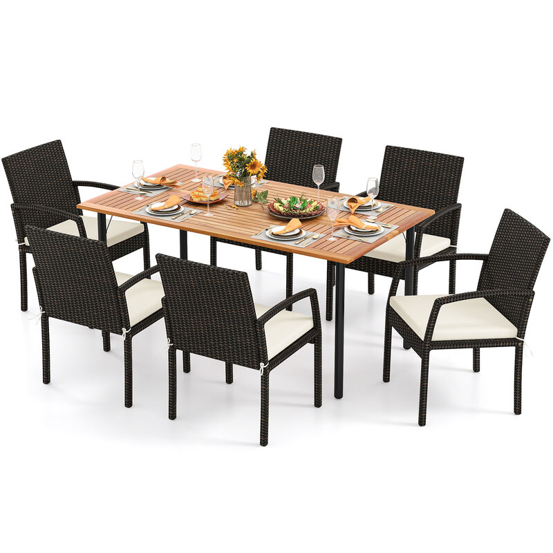 White 7-Piece Acacia Wood Patio Dining Set with Cushions and Umbrella Hole image number 3