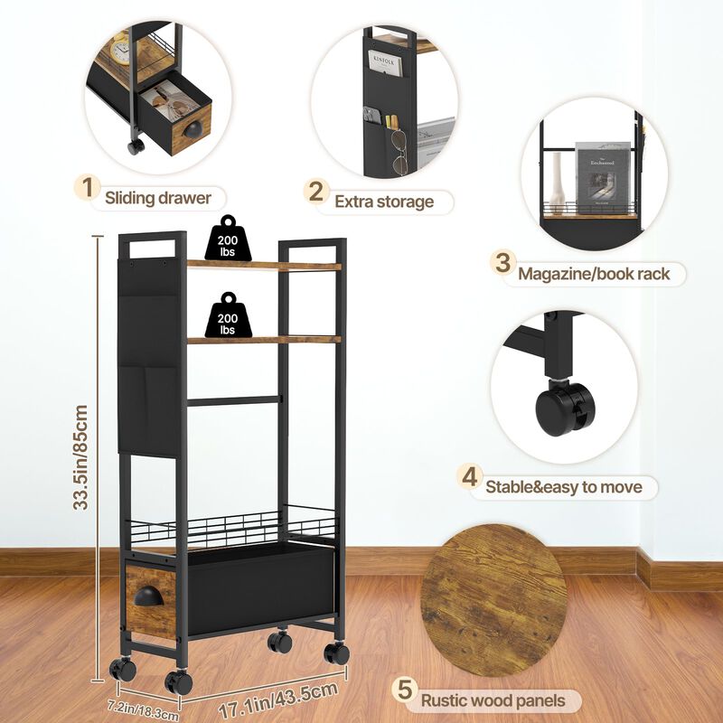 Oppro Small Side End Table with Drawer for Small Spaces, Narrow Slim Nightstand Bedside Sofa Table with Wheels, Space Saving Ski