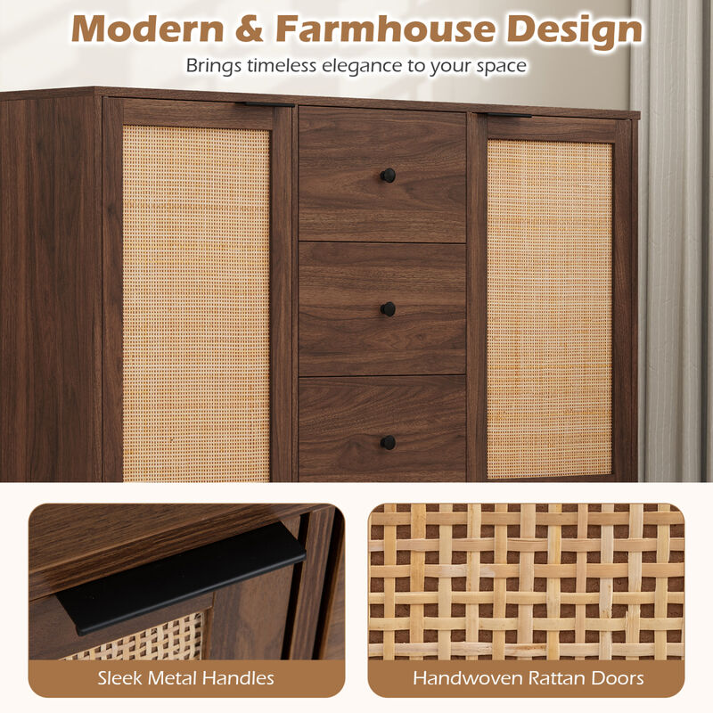 Sideboard Buffet Cabinet Rustic Farmhouse Coffee Bar Table with 2 Rattan Doors and 3 Drawers image number 5