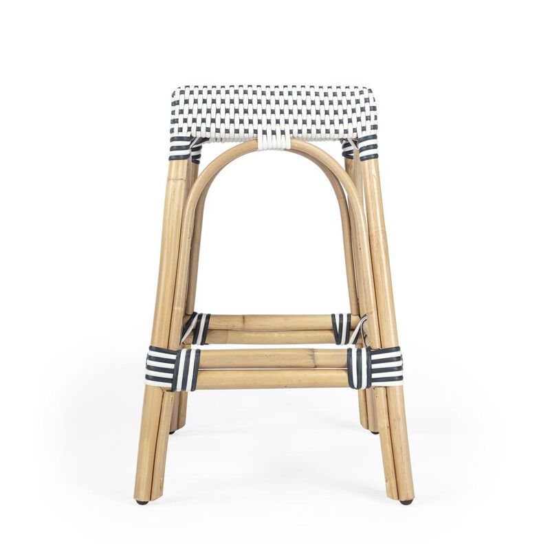 Butler Specialty Robias Rectangular Rattan 24.5 Counter Stool, White and Navy Stripe
