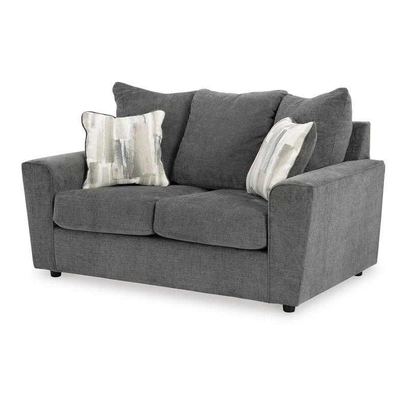 Ratty Loveseat, 63 Inch Gray Polyester, Welt Trims, 2 Throw Pillows
