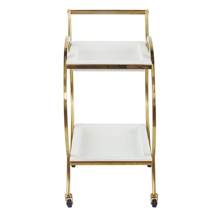 Sia 34 Inch Rolling Bar Cart, Round Steel Frame, Removable Trays White Gold-Benzara