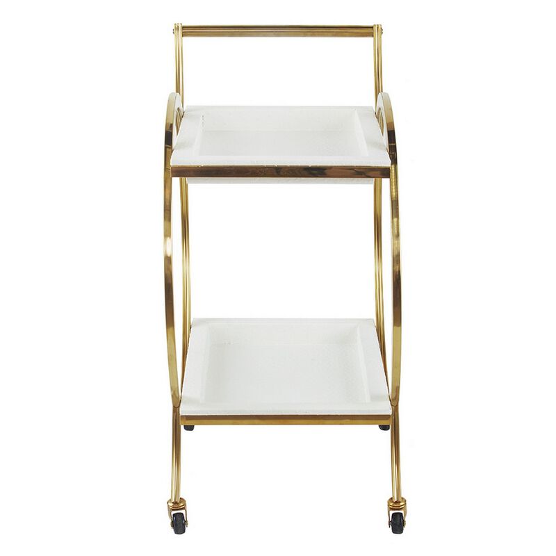 Sia 34 Inch Rolling Bar Cart, Round Steel Frame, Removable Trays White Gold-Benzara image number 2