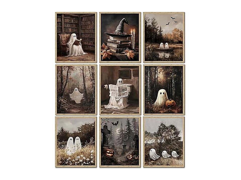 Vintage Ghost Halloween Canvas Wall Art Aesthetic Farmhouse Decor Retro Fun Book