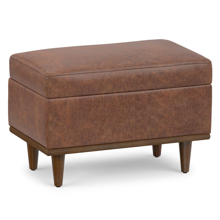 Shiloh 26 inch Wide Transitional Contemporary Small Storage Ottoman in Distressed Saddle Brown Vegan Faux Leather, Assembled