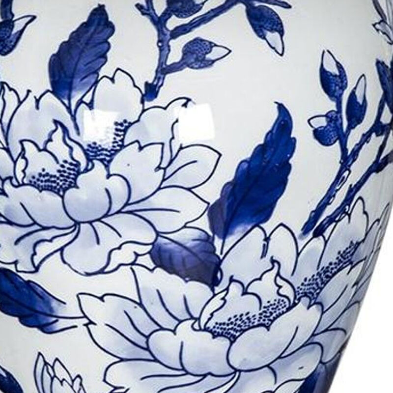 HomeRoots 13" Blue And White Floral Chinoiserie Round Porcelain Table Vase image number 5
