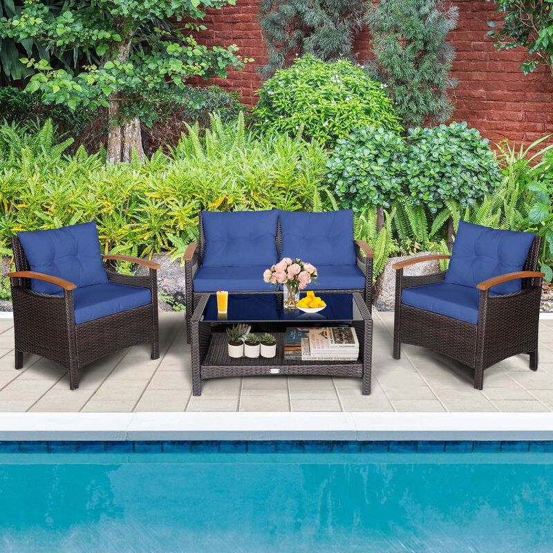 Mondawe 4 Pieces Patio Rattan Furniture Set with Cushioned Sofa and Storage Table