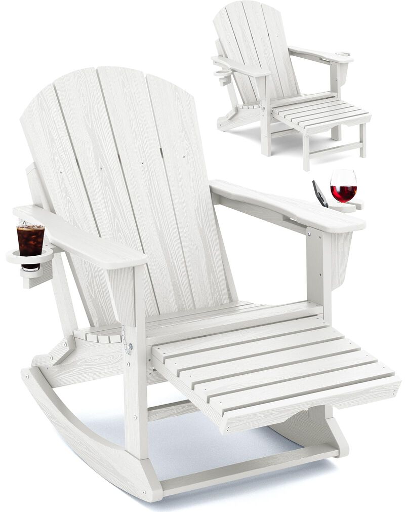 KINGYES Folding Adirondack Rocking Chair with Retractable Ottoman and Cup Holders, 4-in-1 Multifunctional HDPE Adirondack Chair