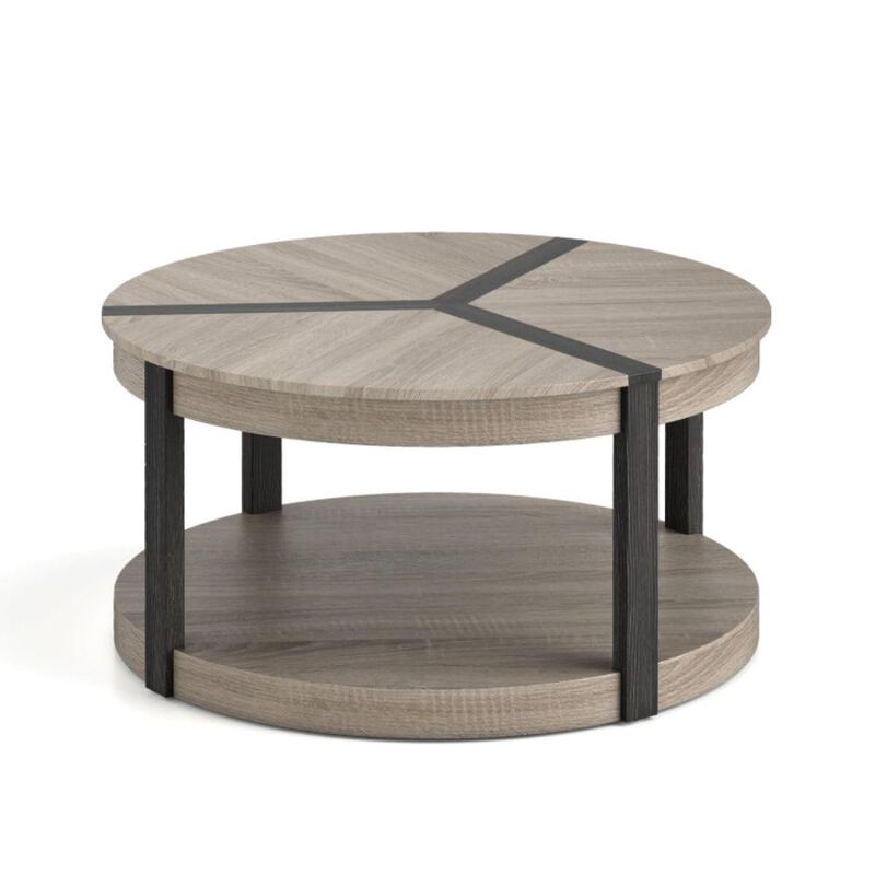 Hivvago Rubber Wood 2-Tier Round Center Table with Spacious Tabletop and Storage Shelf