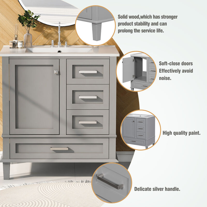 Whisen 30 in. Bathroom Storage Cabinet Bathroom Vanity with Ceramic Sink, Soft Close Door and 3 Drawers
