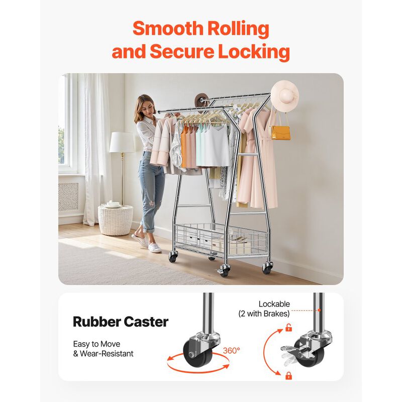 Heavy Duty Clothes Rack with Wheels Double Rods and Storage Basket image number 4