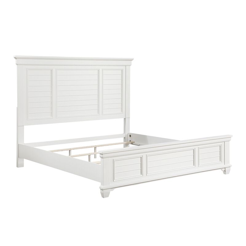 Lyni Queen Size Bed with Farmhouse Style Headboard, Solid White Acacia Wood