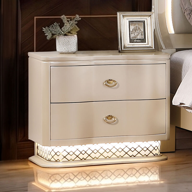 Flora LED Nightstand with 2 Drawers, Curved Design and Ring Pulls image number 6