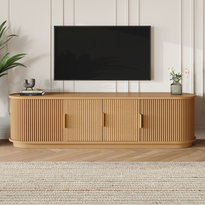 Merax Modern TV Stand with Tambour Sliding Doors, 4 Shelves, Side Cabinets, Cable Holes image number 1